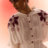Off White Drop Shoulder Embroidered Top With Wine Straight Fit Trouser Cordset - Western Era Cordset for women