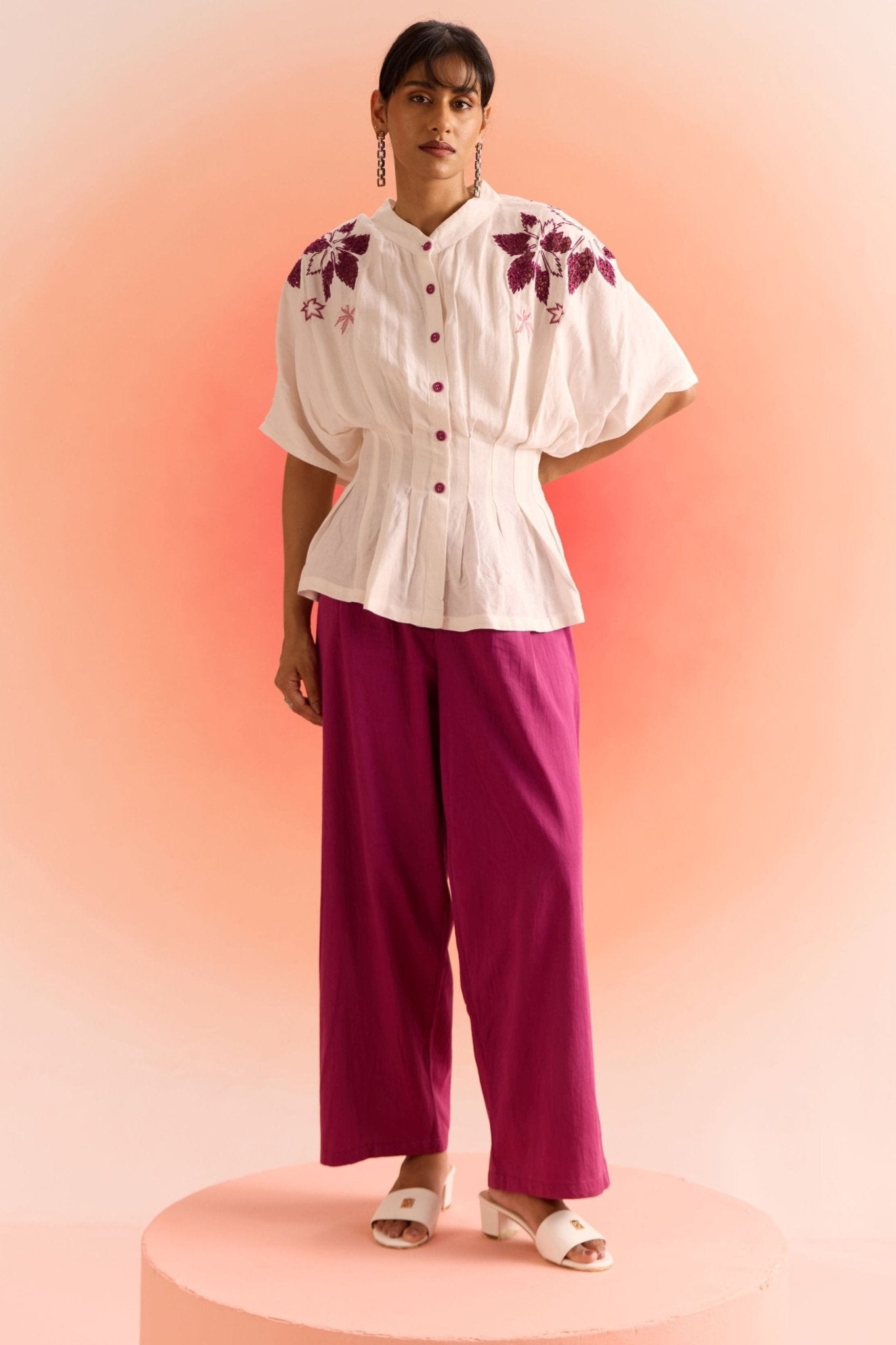 Off White Drop Shoulder Embroidered Top With Wine Straight Fit Trouser Cordset - Western Era Cordset for women