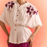 Off White Drop Shoulder Embroidered Top With Wine Straight Fit Trouser Cordset - Western Era Cordset for women