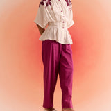 Off White Drop Shoulder Embroidered Top With Wine Straight Fit Trouser Cordset - Western Era Cordset for women