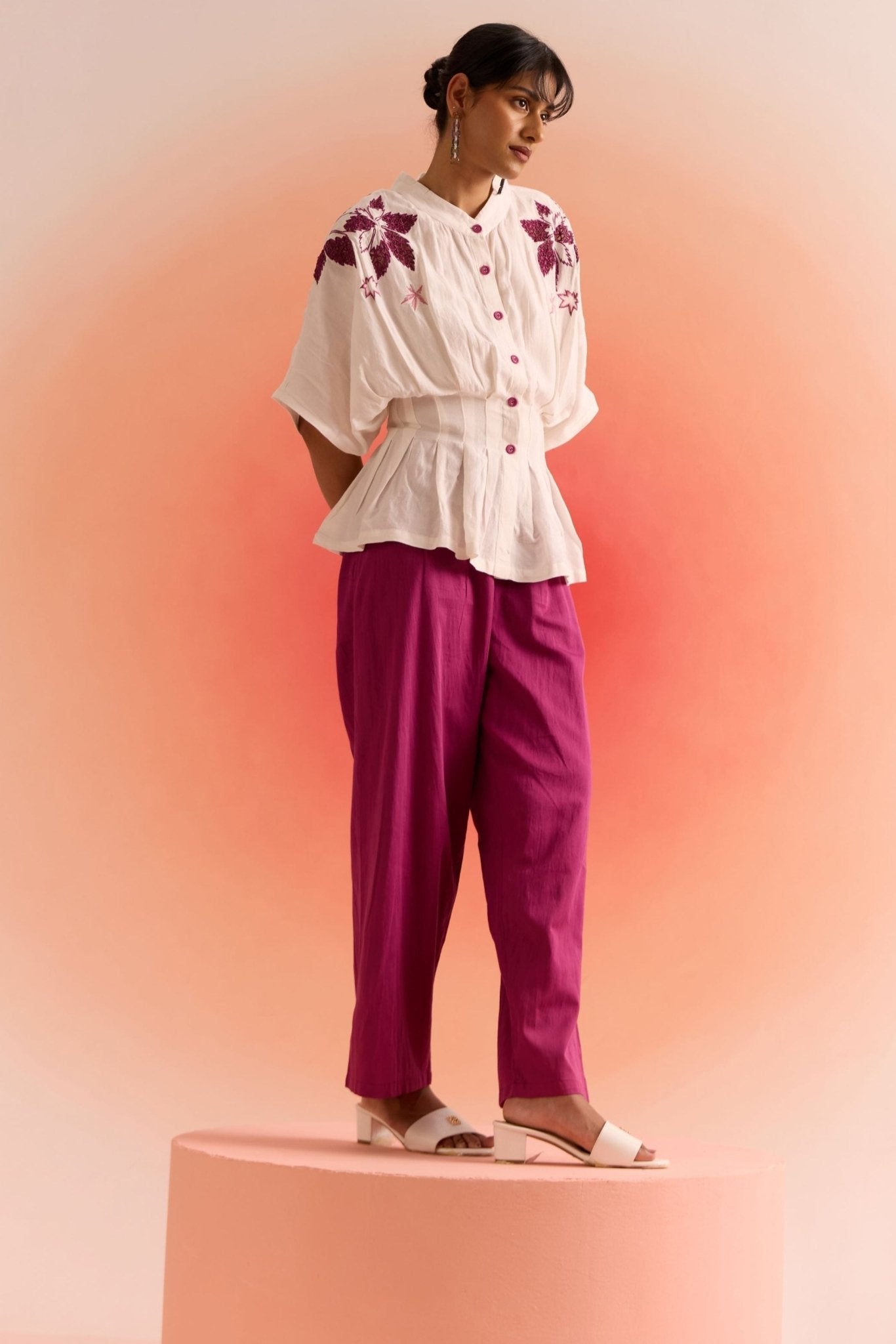 Off White Drop Shoulder Embroidered Top With Wine Straight Fit Trouser Cordset - Western Era Cordset for women