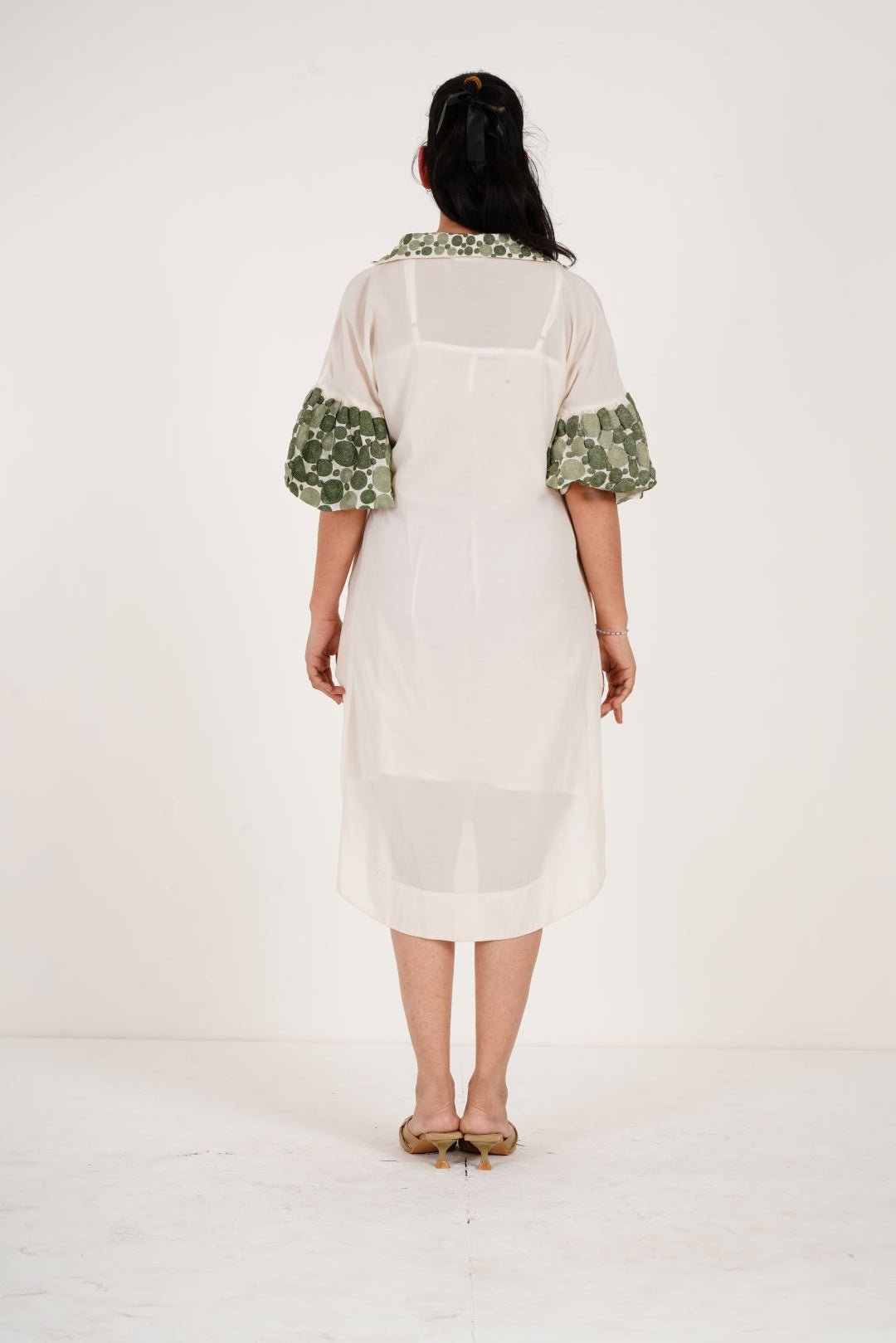 Off white Embroidered Balloon Sleeves and V - Neck Collar Long Dress With Spaghetti - Western Era Dresses for women