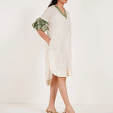 Off white Embroidered Balloon Sleeves and V - Neck Collar Long Dress With Spaghetti - Western Era Dresses for women
