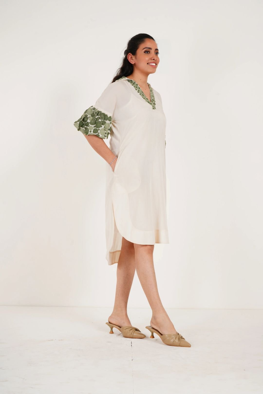 Off white Embroidered Balloon Sleeves and V - Neck Collar Long Dress With Spaghetti - Western Era Dresses for women