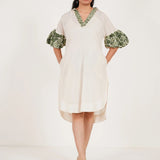 Off white Embroidered Balloon Sleeves and V - Neck Collar Long Dress With Spaghetti - Western Era Dresses for women