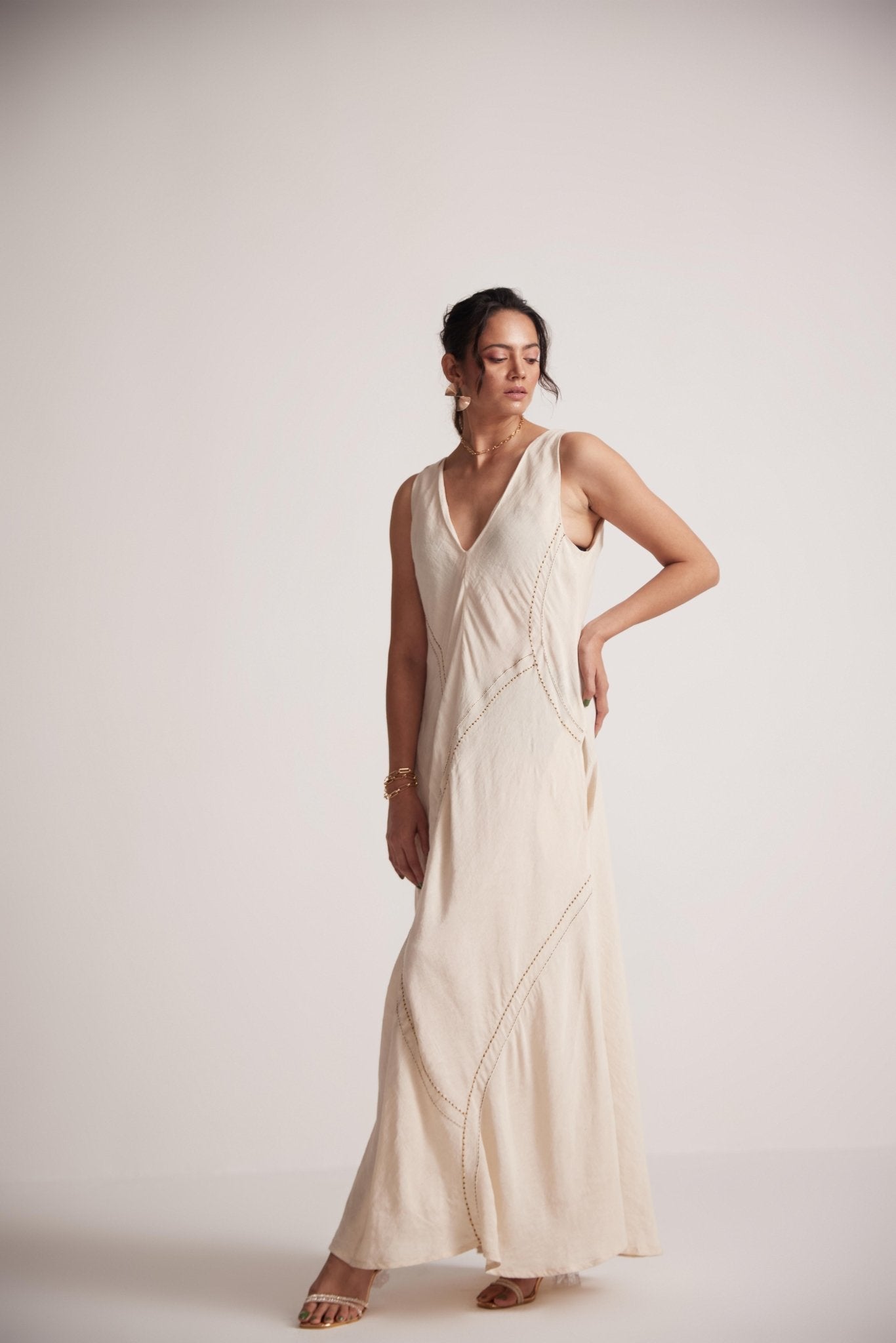 Off - White Event Wear Long Dress with Front Lace Embroidery and Pockets - Western Era Embroidery for women
