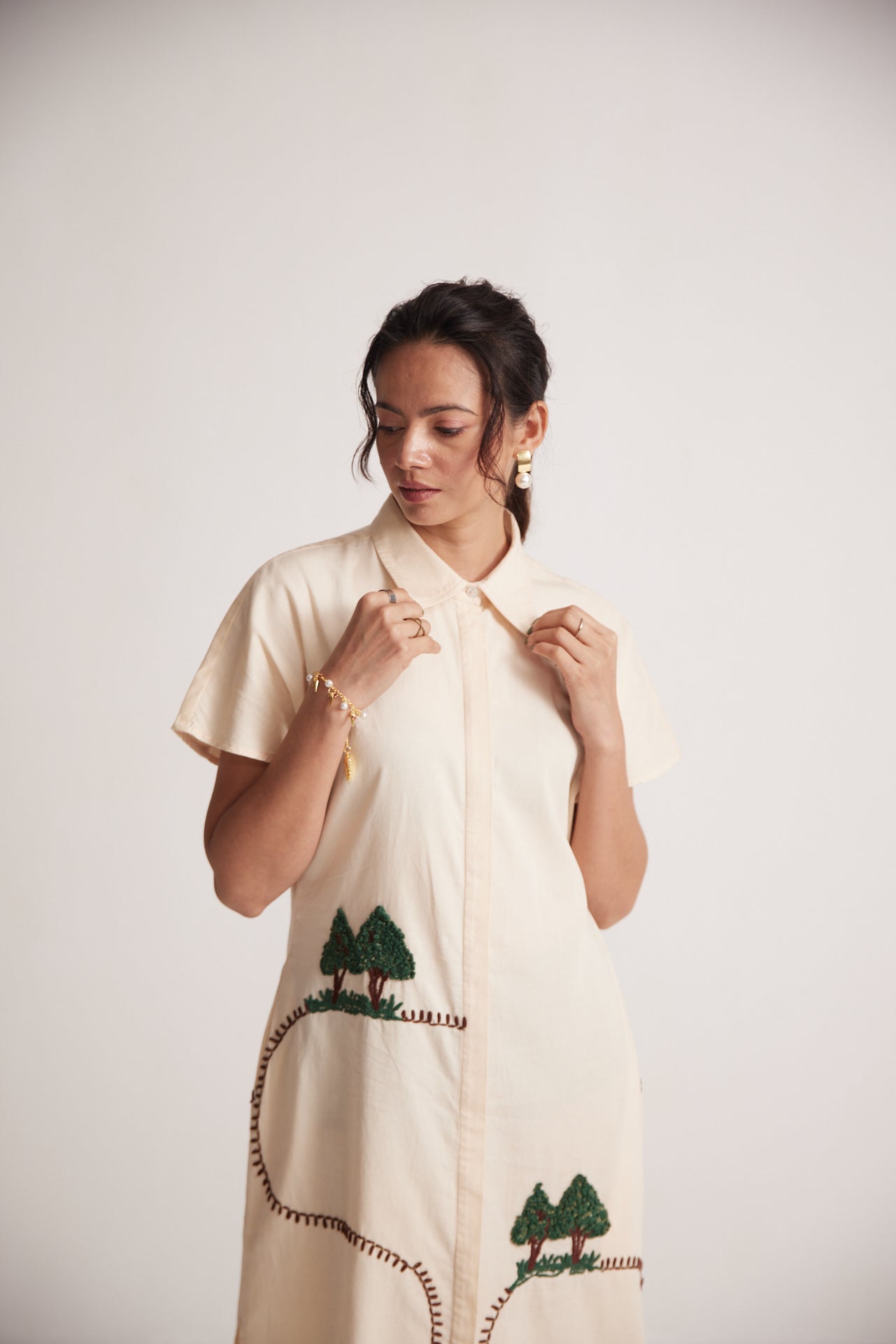 Off White Long Shirt Dress With Front and Back Tree Embroidery - Western Era Embroidery for women