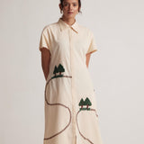 Off White Long Shirt Dress With Front and Back Tree Embroidery - Western Era Embroidery for women