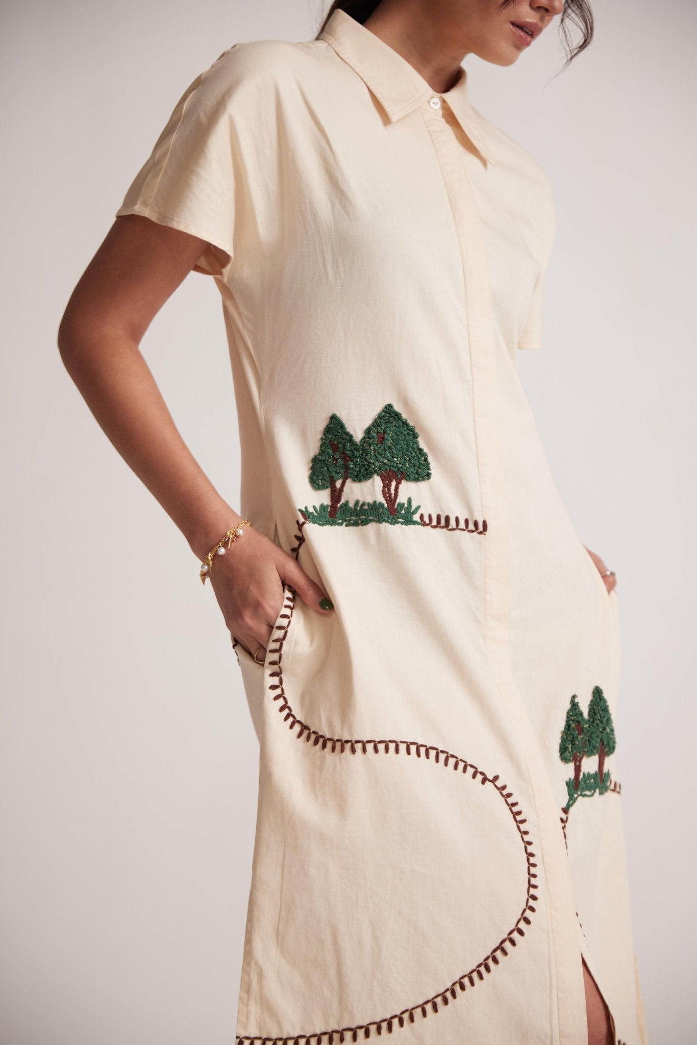 Off White Long Shirt Dress With Front and Back Tree Embroidery - Western Era Embroidery for women