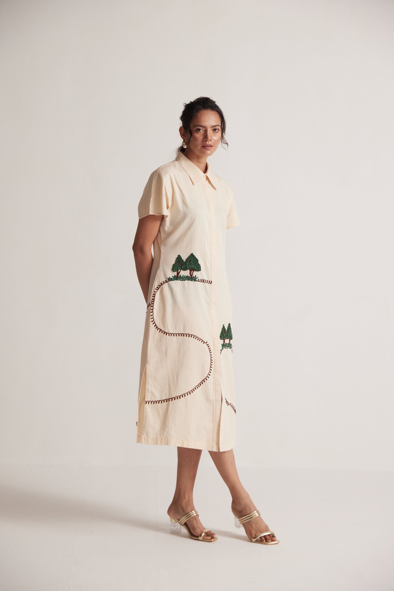Off White Long Shirt Dress With Front and Back Tree Embroidery - Western Era Embroidery for women