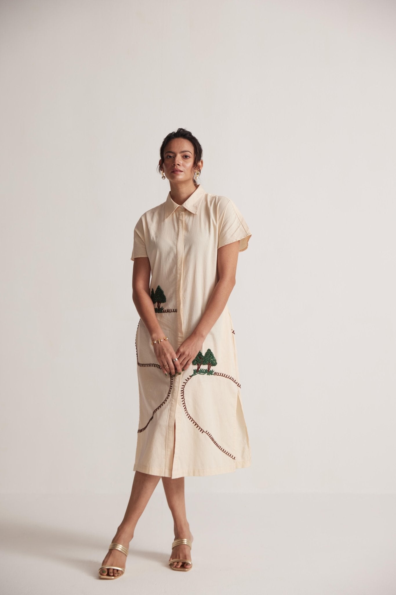 Off White Long Shirt Dress With Front and Back Tree Embroidery - Western Era Embroidery for women