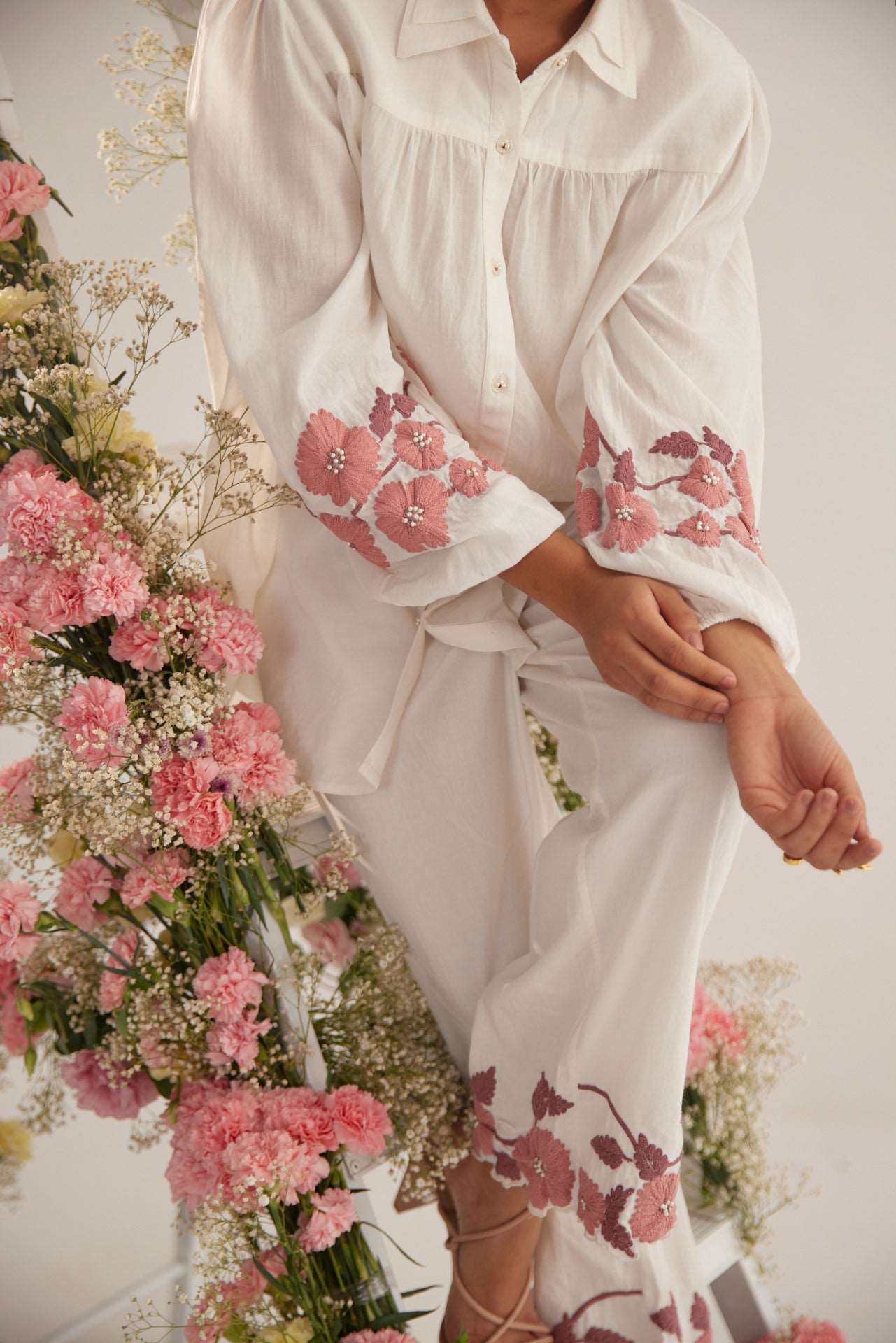 Off White Sleeve Embroidery Double Collar Shirt With Spaghetti - Western Era Tops for women