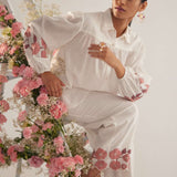 Off White Sleeve Embroidery Double Collar Shirt With Spaghetti - Western Era Tops for women