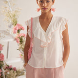 Off White V - Neck Scalloped Frill Top - Western Era Tops for women