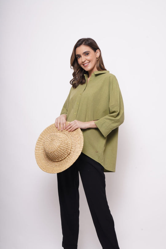 Office Wear Oversized High Low Green Shirt - Western Era Tops for women