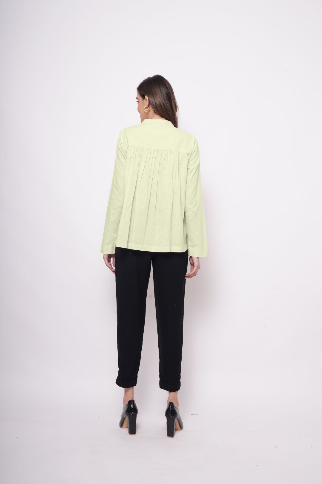 Office Wear Pin Tuck Linen Green Shirt - Western Era Tops for women