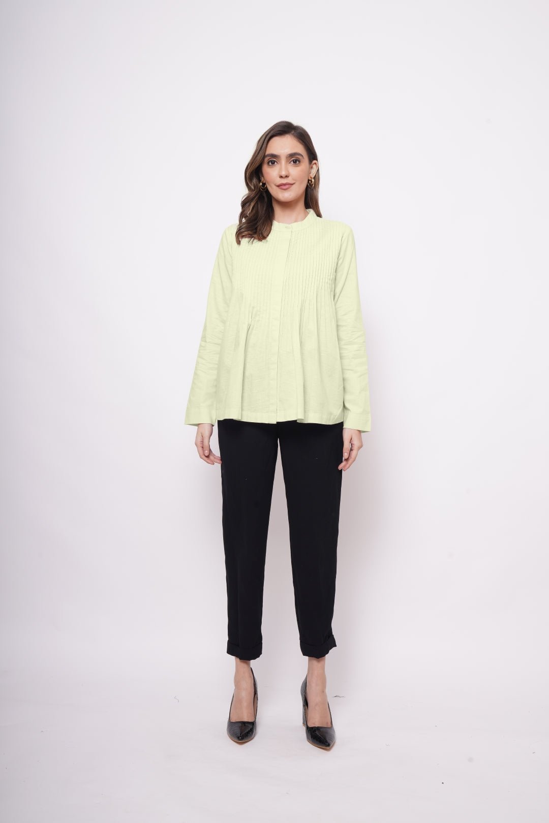 Office Wear Pin Tuck Linen Green Shirt - Western Era Tops for women