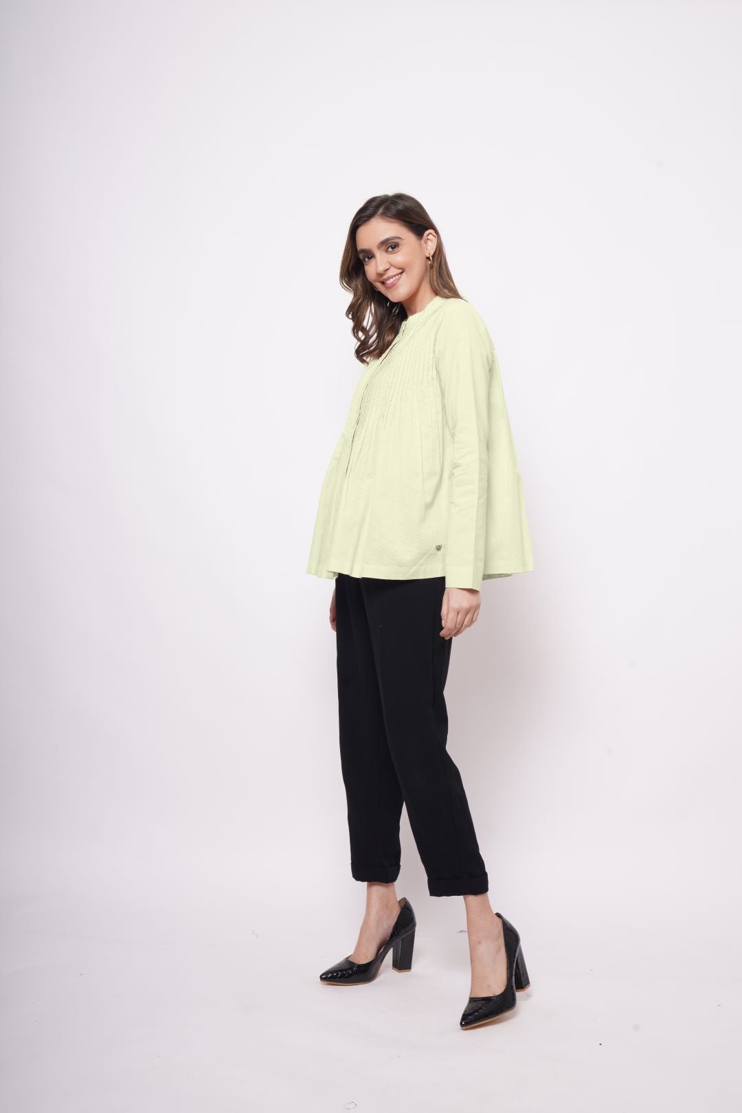 Office Wear Pin Tuck Linen Green Shirt - Western Era Tops for women
