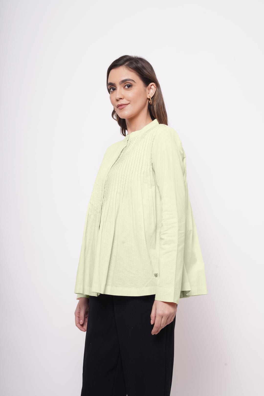 Office Wear Pin Tuck Linen Green Shirt - Western Era Tops for women