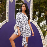One Shoulder Linen Print Dress With Knot - Western Era Dresses for women