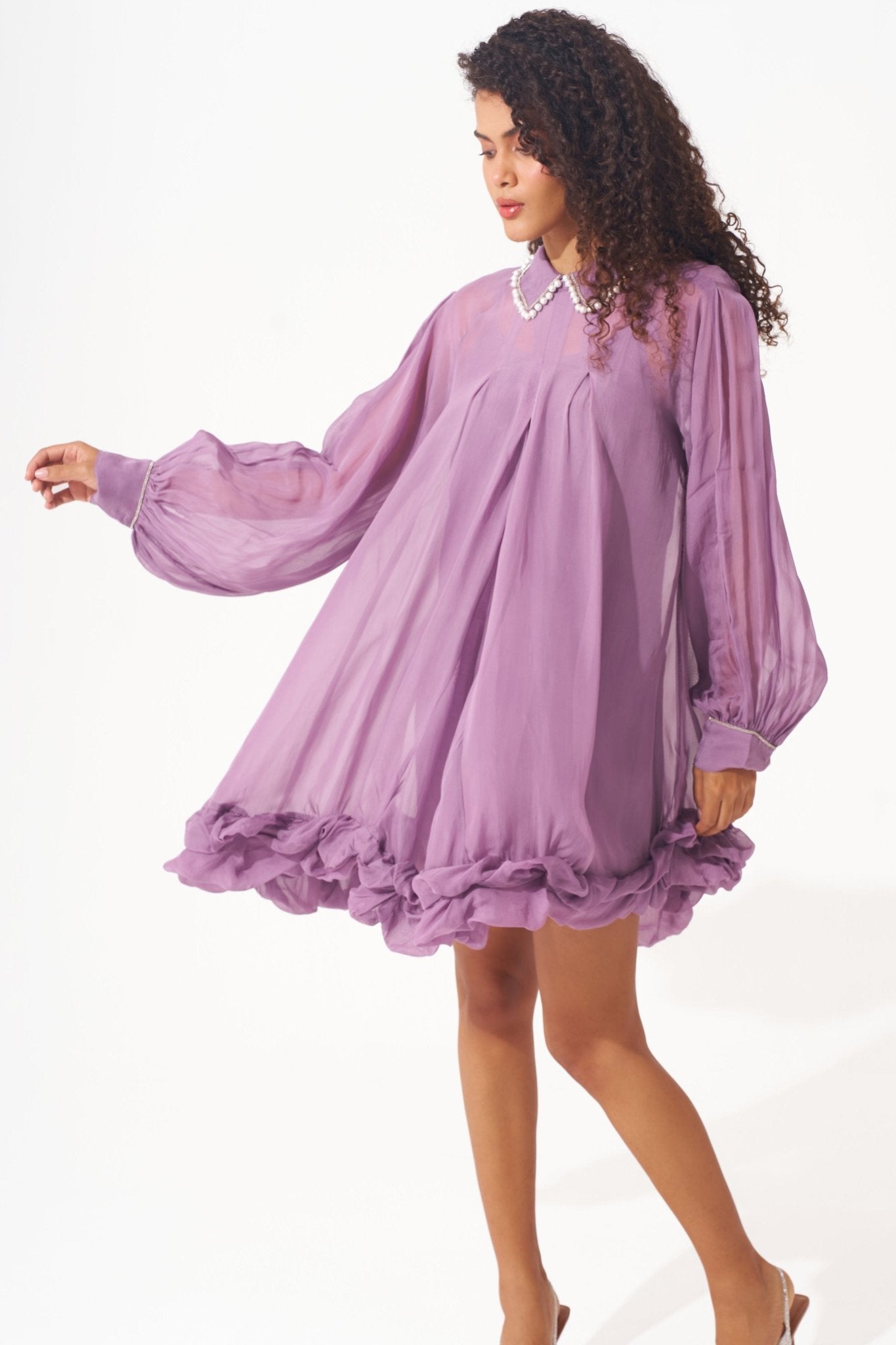 Organza Swing Dress with Embellished Collar and Balloon Hem - Western Era Dresses for women