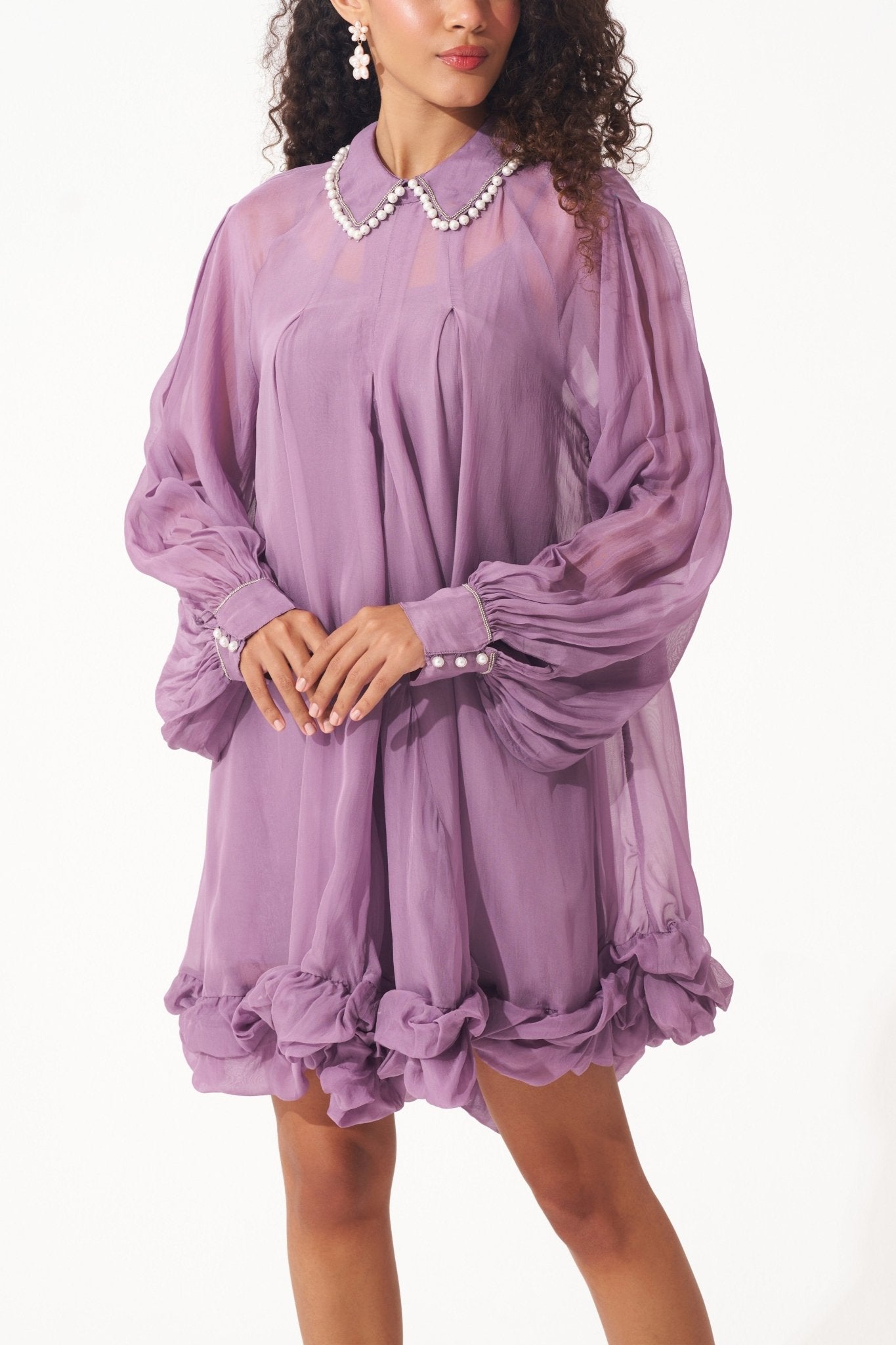Organza Swing Dress with Embellished Collar and Balloon Hem - Western Era Dresses for women