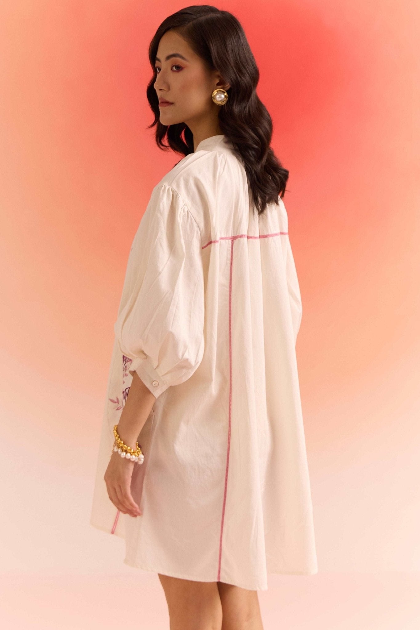 Oversized Off White Dress With Cut Work Embroidered Pocket - Western Era Dresses for women
