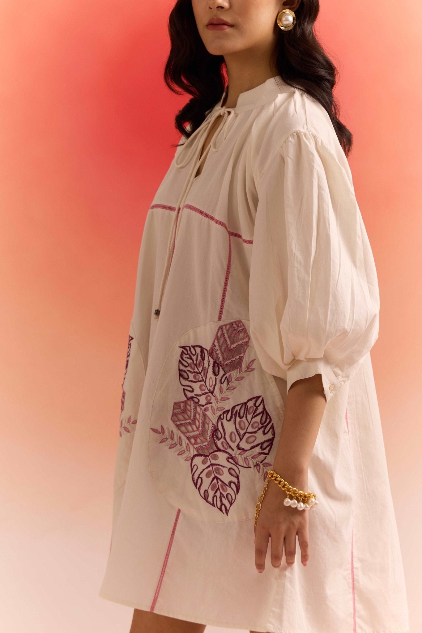 Oversized Off White Dress With Cut Work Embroidered Pocket - Western Era Dresses for women