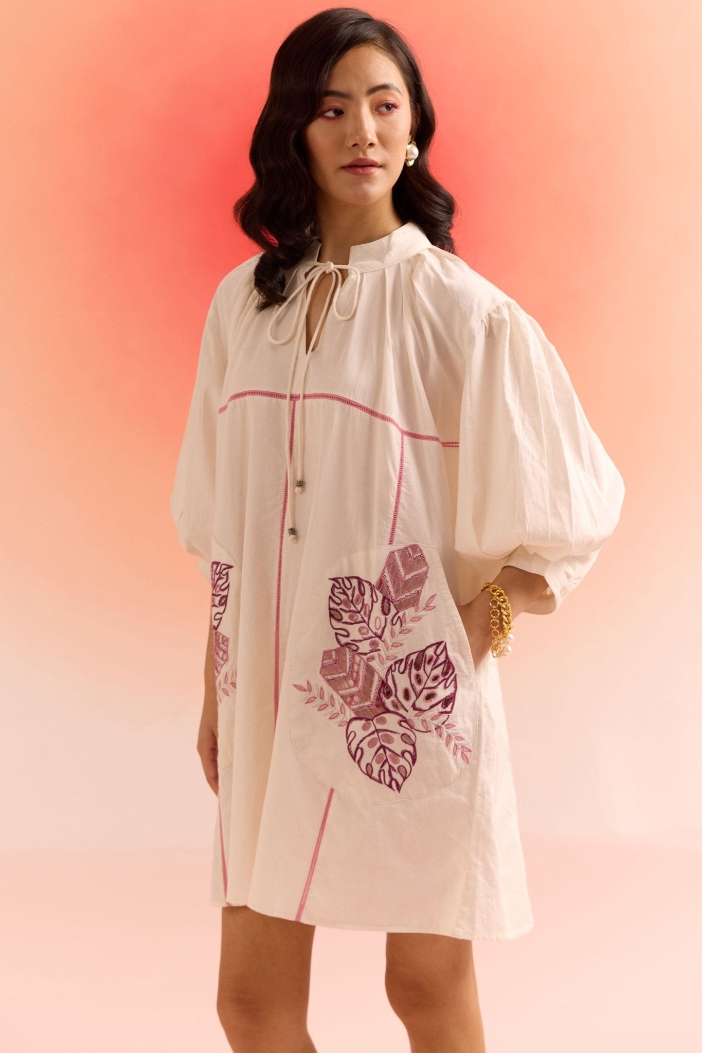 Oversized Off White Dress With Cut Work Embroidered Pocket