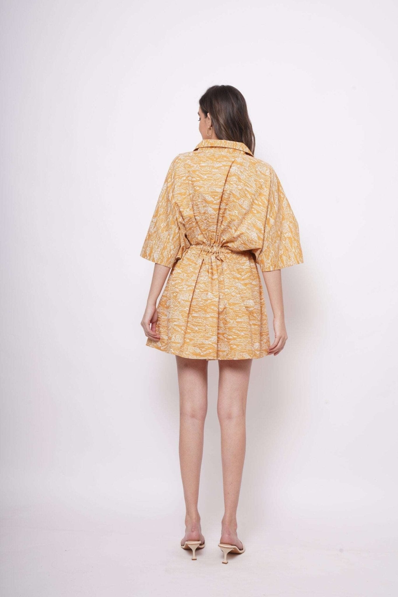 Oversized Yellow Toile Print Cotton Dress With Drawstrings - Western Era Dresses for women