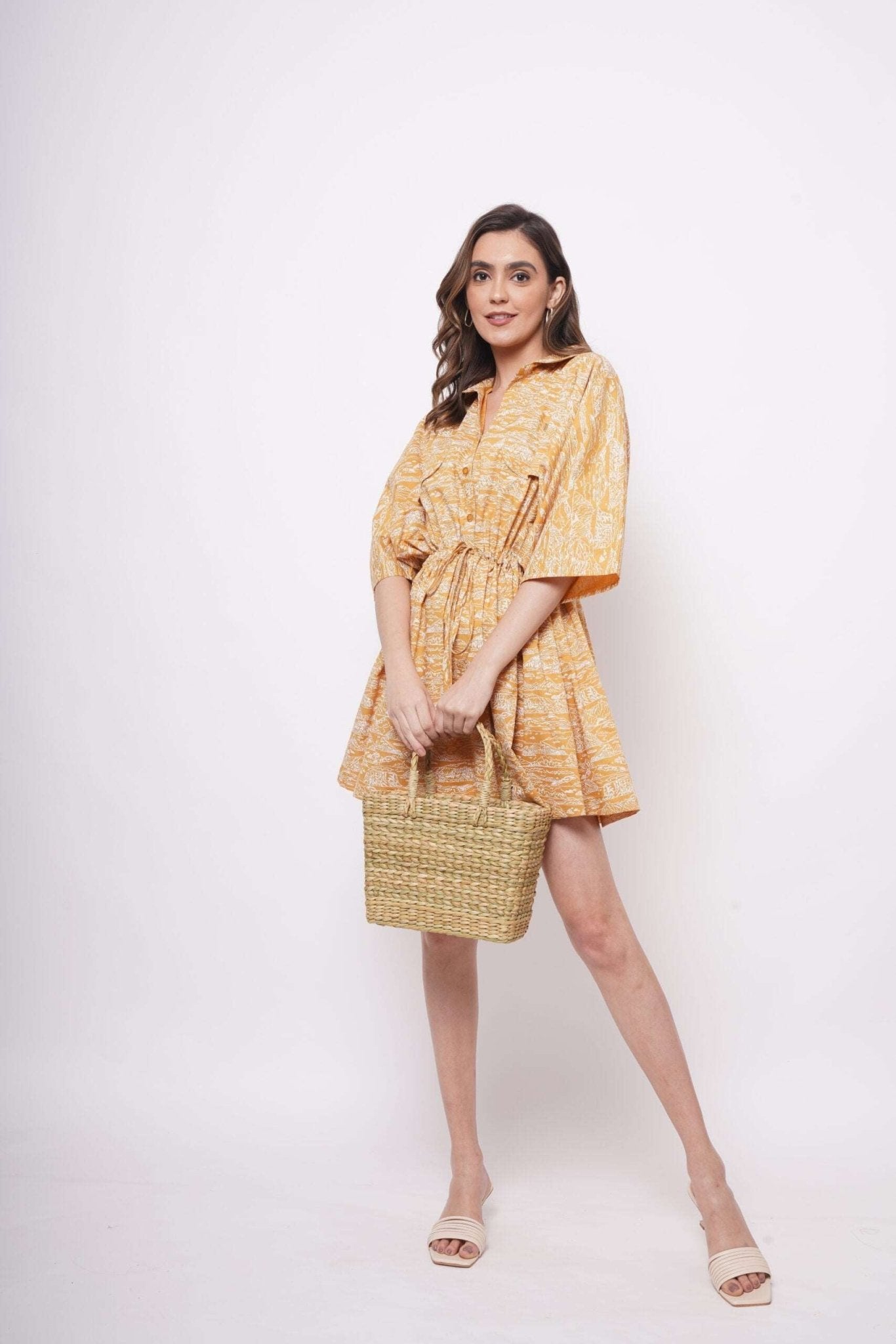 Oversized Yellow Toile Print Cotton Dress With Drawstrings - Western Era Dresses for women