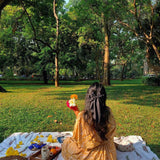 Oversized Yellow Toile Print Cotton Dress With Drawstrings - Western Era Dresses for women