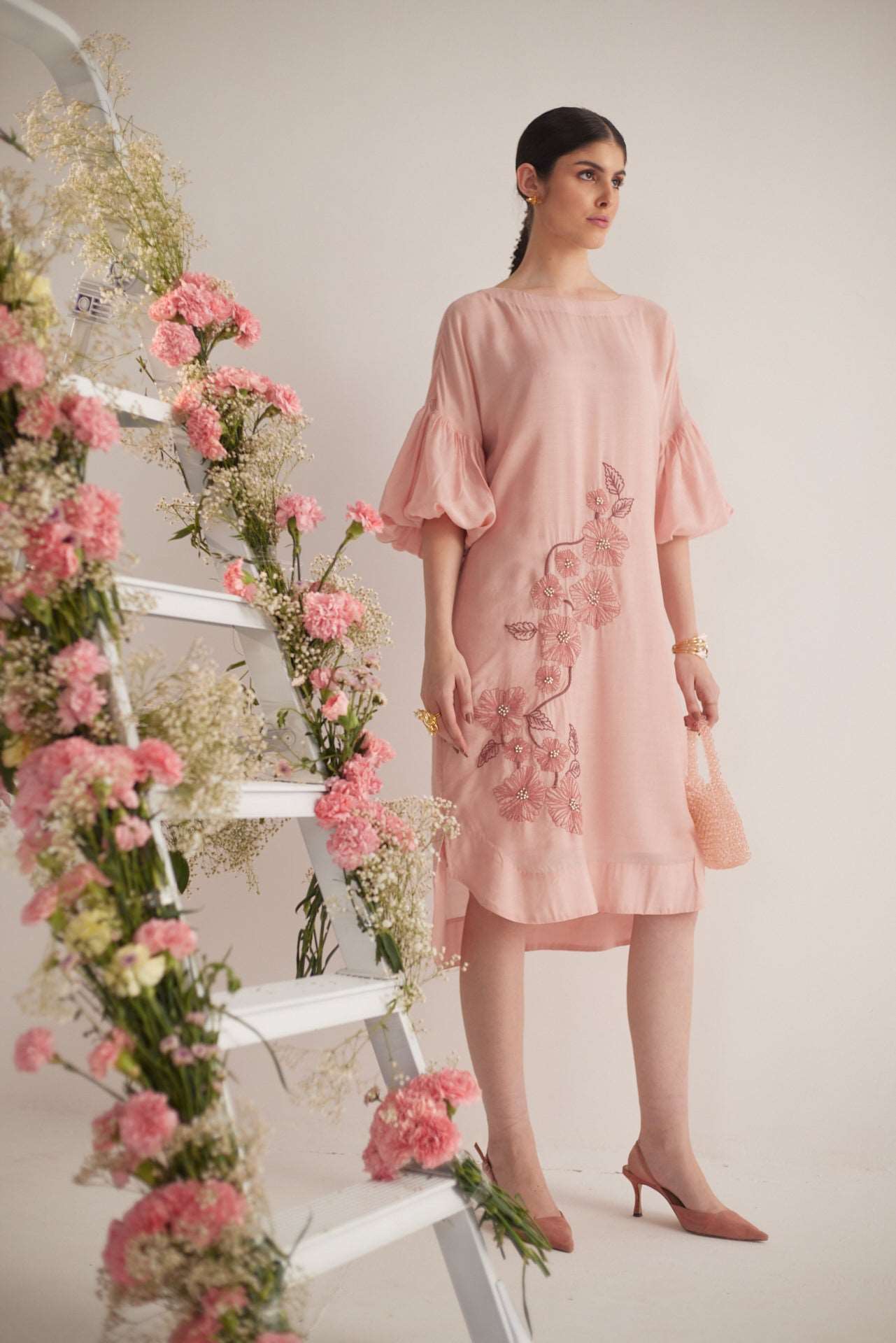Peach Balloon Sleeves with Front Embroidery Long Dress and Spaghetti - Western Era Dresses for women