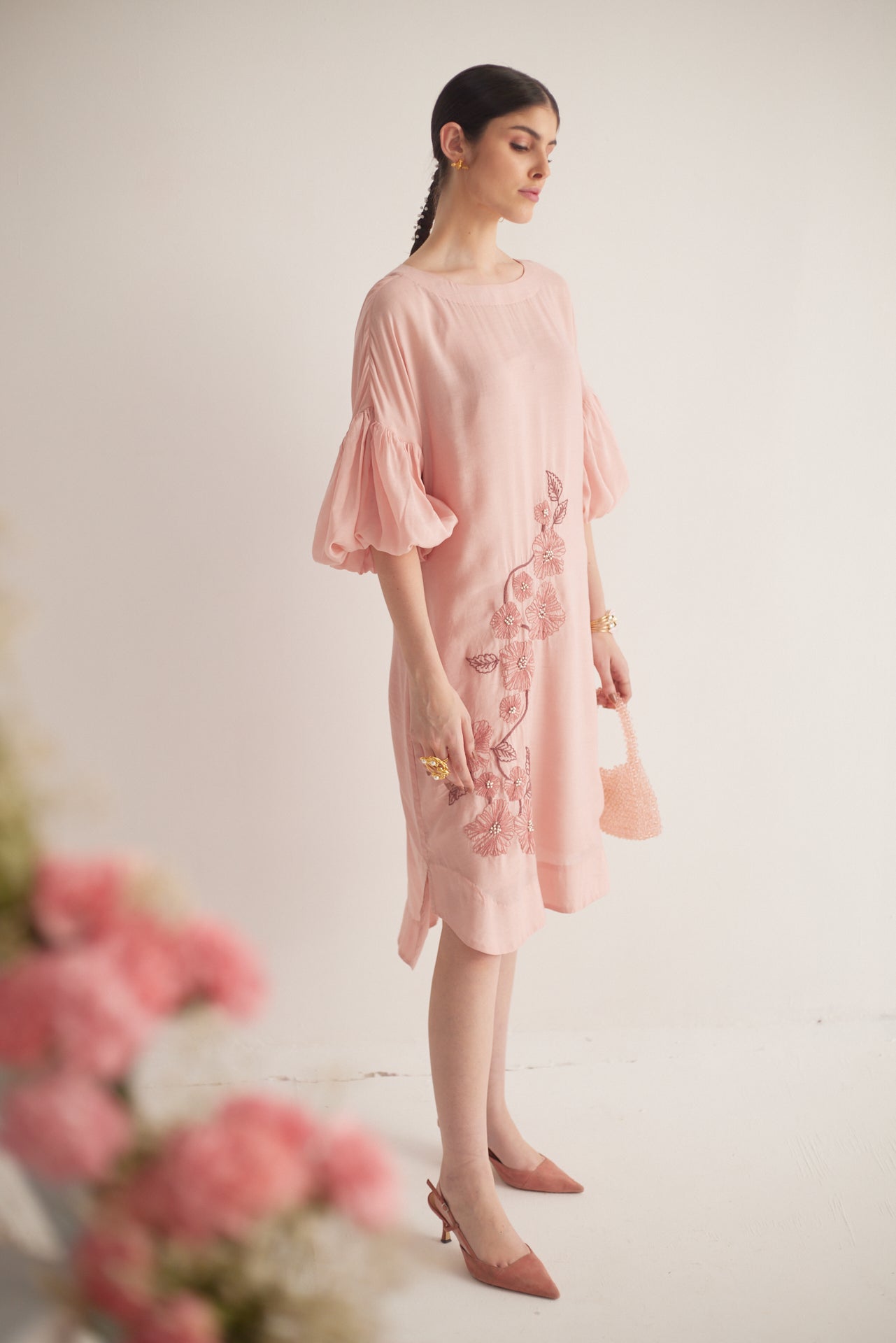 Peach Balloon Sleeves with Front Embroidery Long Dress and Spaghetti - Western Era Dresses for women