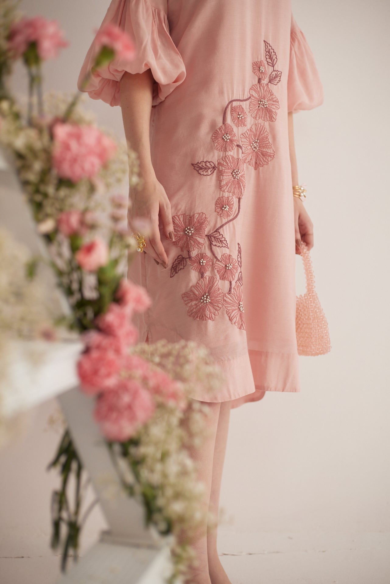 Peach Balloon Sleeves with Front Embroidery Long Dress and Spaghetti - Western Era Dresses for women