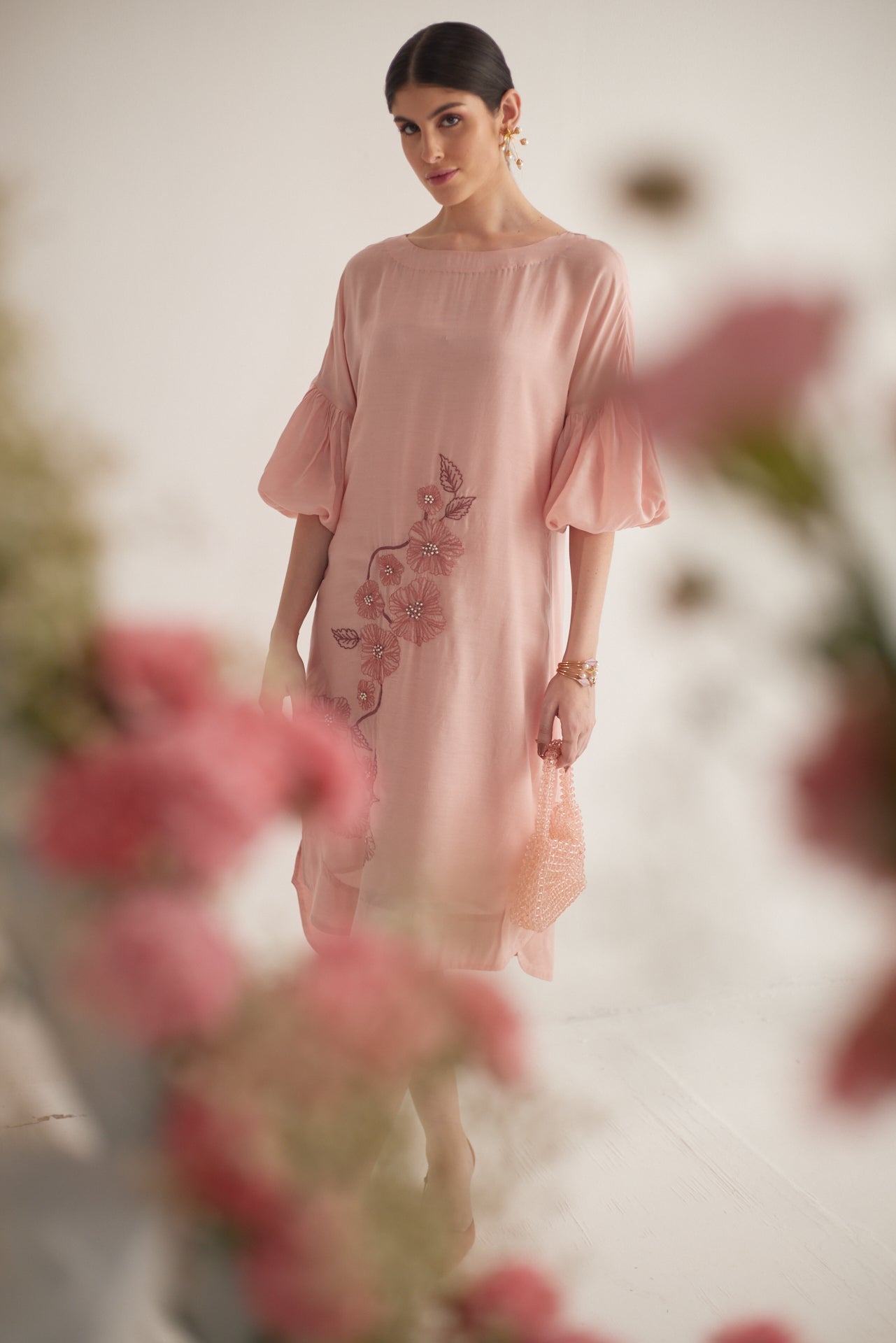 Peach Balloon Sleeves with Front Embroidery Long Dress and Spaghetti - Western Era Dresses for women