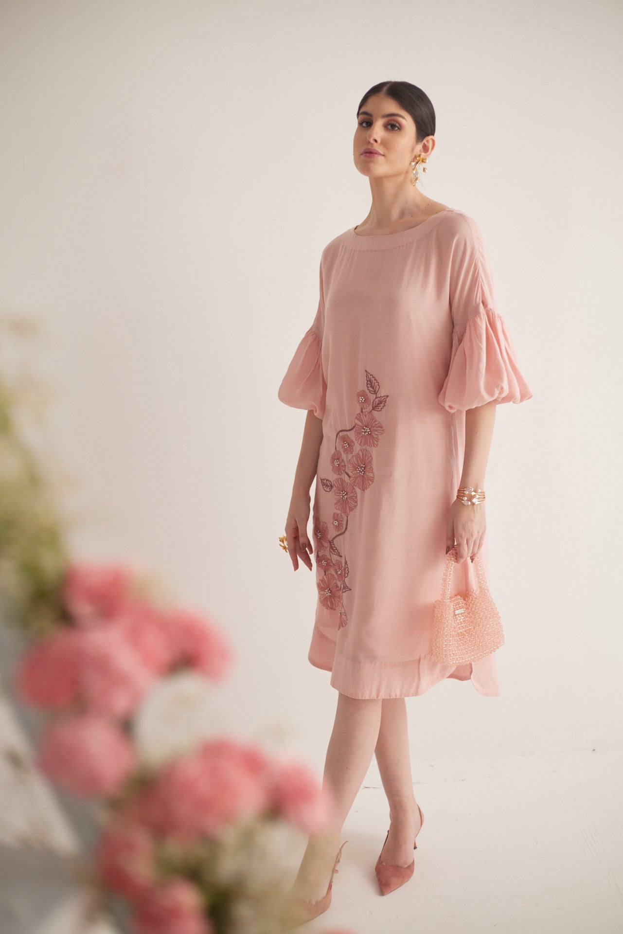 Peach Balloon Sleeves with Front Embroidery Long Dress and Spaghetti - Western Era Dresses for women