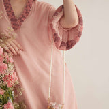 Peach Embroidered Balloon Sleeves and V - Neck Collar Long Dress With Spaghetti - Western Era Embroidery for women