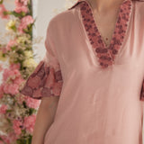 Peach Embroidered Balloon Sleeves and V - Neck Collar Long Dress With Spaghetti - Western Era Embroidery for women