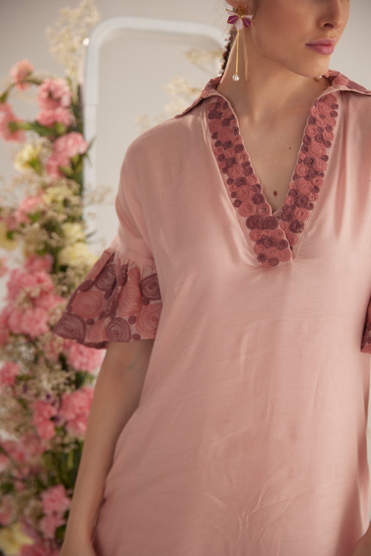 Peach Embroidered Balloon Sleeves and V - Neck Collar Long Dress With Spaghetti - Western Era Embroidery for women