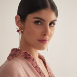 Peach Embroidered Balloon Sleeves and V - Neck Collar Long Dress With Spaghetti - Western Era Embroidery for women