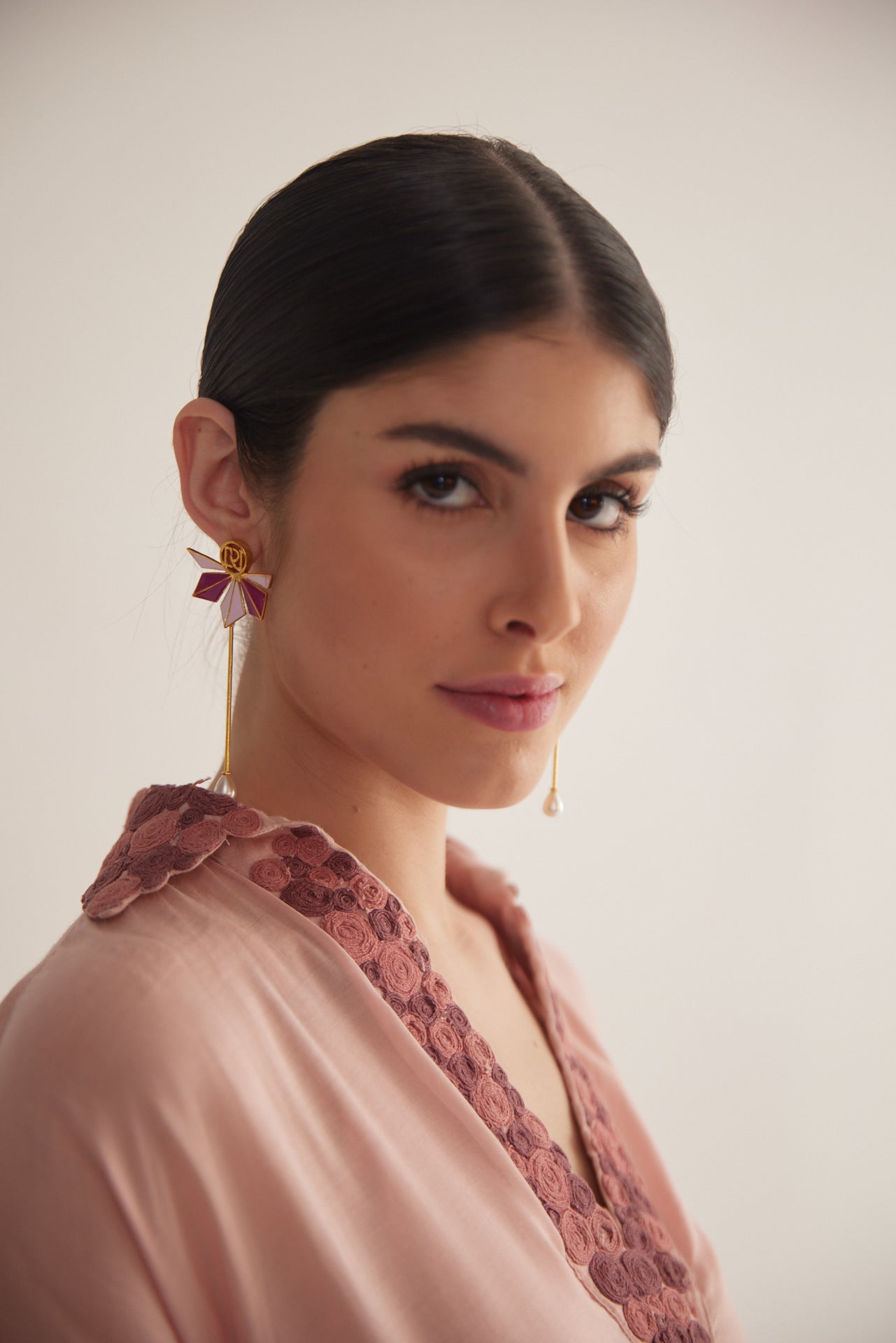 Peach Embroidered Balloon Sleeves and V - Neck Collar Long Dress With Spaghetti - Western Era Embroidery for women