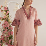 Peach Embroidered Balloon Sleeves and V - Neck Collar Long Dress With Spaghetti - Western Era Embroidery for women