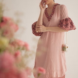 Peach Embroidered Balloon Sleeves and V - Neck Collar Long Dress With Spaghetti - Western Era Embroidery for women