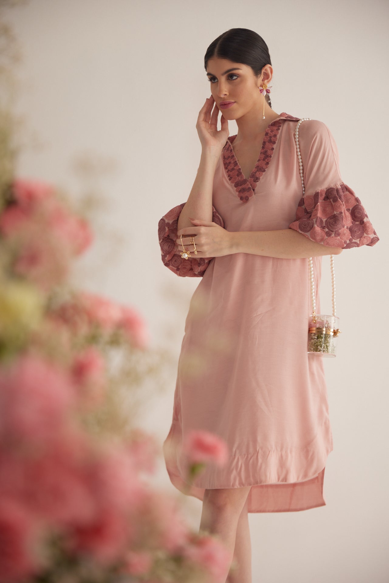 Peach Embroidered Balloon Sleeves and V - Neck Collar Long Dress With Spaghetti - Western Era Embroidery for women