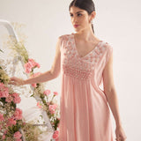 Peach Falling Flower Embroidery Long Dress With Spaghetti - Western Era Dresses for women