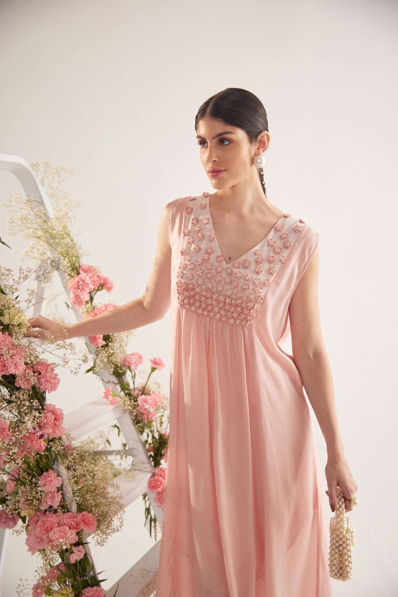 Peach Falling Flower Embroidery Long Dress With Spaghetti| Western Era Peach Falling Flower Embroidery Long Dress With Spaghetti| Western Era