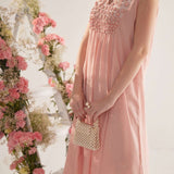 Peach Falling Flower Embroidery Long Dress With Spaghetti - Western Era Dresses for women