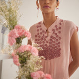 Peach Front Gradient Embroidery Flower With Pearls Top and Spaghetti - Western Era Tops for women