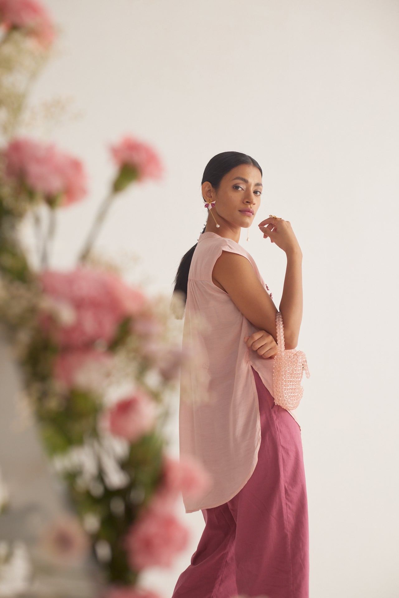 Peach Front Gradient Embroidery Flower With Pearls Top and Spaghetti - Western Era Tops for women